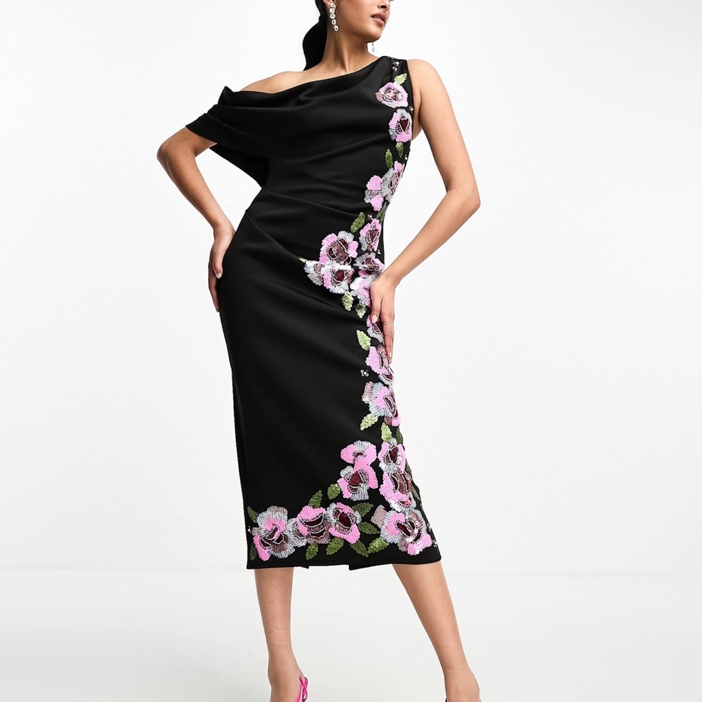 ASOS Black One-Shoulder Midi Dress with Pink Floral Embroidery